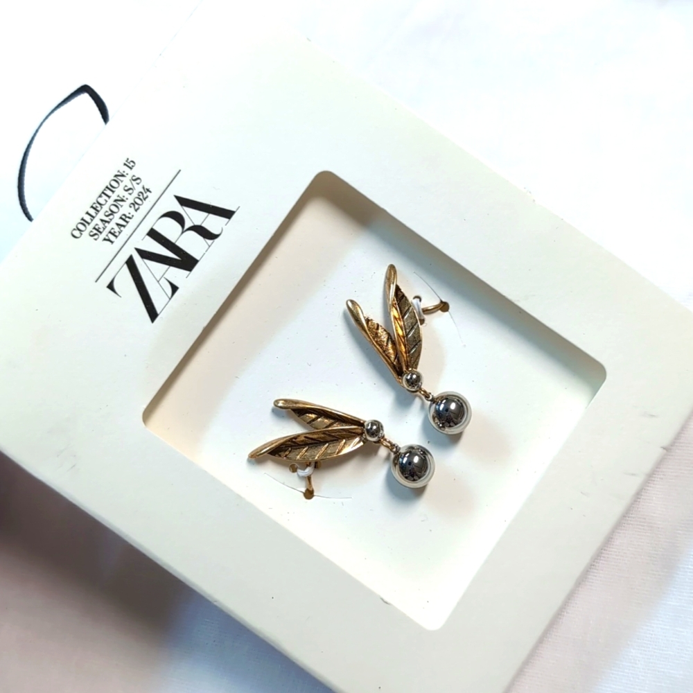 Zara metal ball and leaf earrings NWT